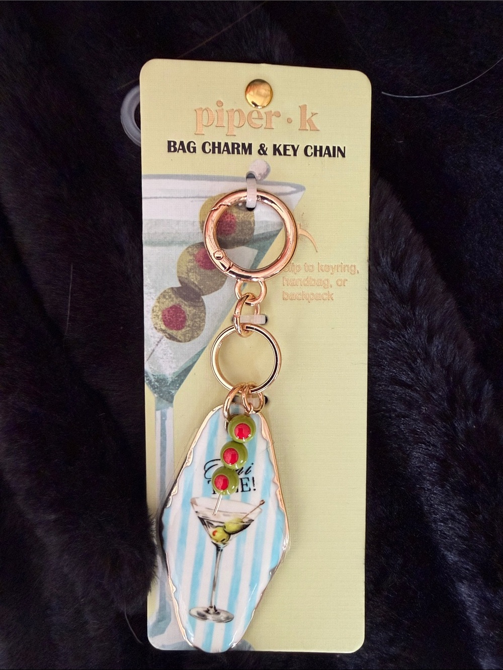 piper·k Blue Striped Martini Bag Charm Key Chain with Gold Hardware